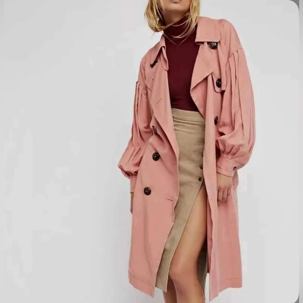 Free People Peach Trench Coatā Fall Oversized Balloon Sleeve Coquette Bohemian
